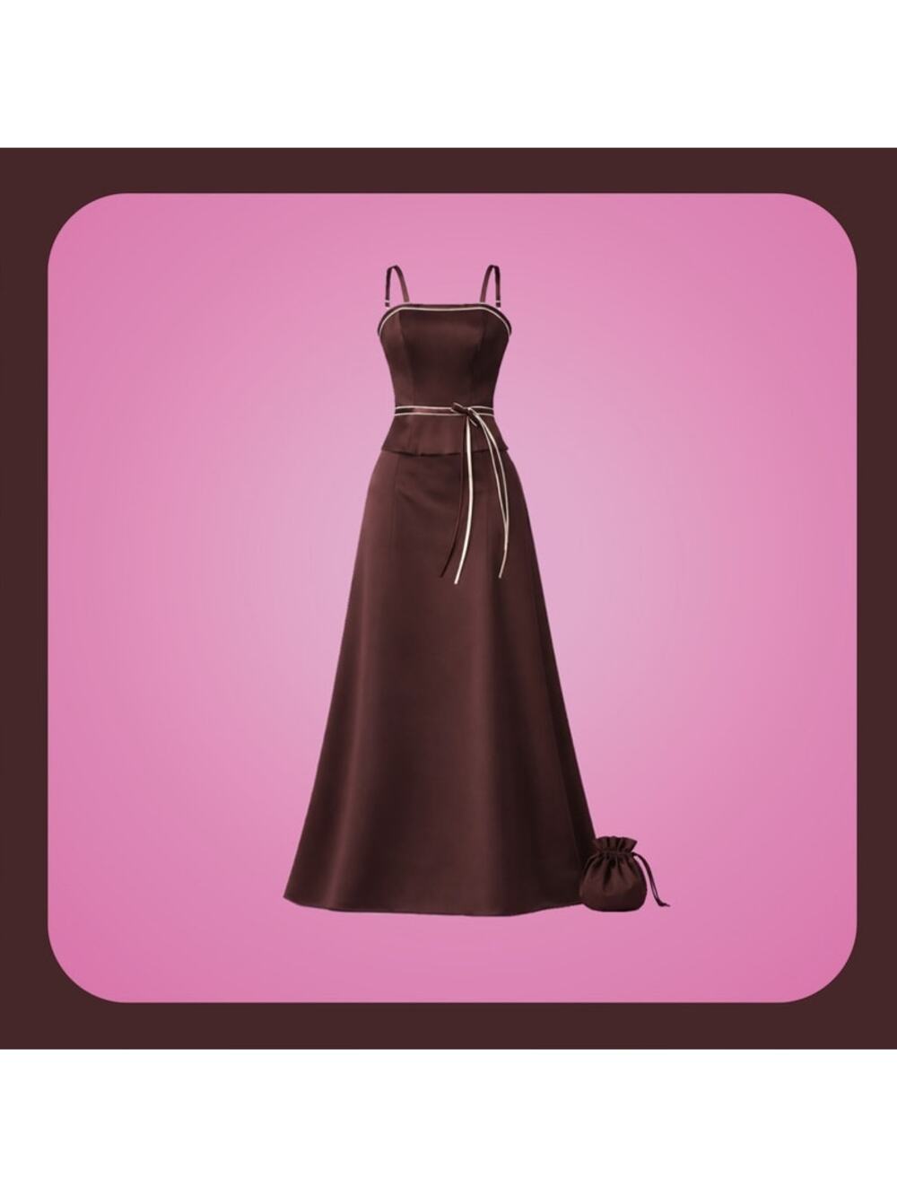 Vintage NWT Chocolate Brown A-Line Satin Gown Sz 4 Strapless w/ Straps & Pouch